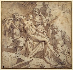 Pieta (beyaz kağıt üzerinde kahverengi yıkama ile kalem ve kahverengi mürekkep)