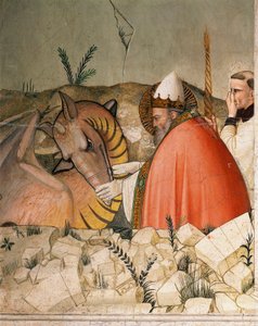 Yılbaşı Gecesi hayatından bölümler: Papa Saint Sylvester I (Silvester veya Silvestro) (314-335) ejderhanın ağzını kapatır. Detay. Maso di Banco tarafından yapılan fresk (1341-1346 civarında bilinir) 14. yüzyıl Floransa, Chiesa di Santa Croce, Cappella Bard