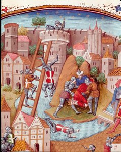 Müstahkem bir kasabanın fethi Detay. Giovanni Boccaccio dit Jean Boccace (1313-1375), İtalyan yazar, Laurent de Premierfait tarafından çevrilmiş ve direk tarafından aydınlatılmış “Des cas des soylular hommes et femmes infortunes” (De casibus) adlı minyatür
