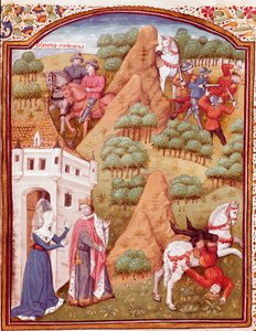 Seleukos (Seleucus) I Nicator ve babası Antiochos (Antiochus) Asya ve Suriye kralı İki kraldan biri suikast, at düşmesi. Giovanni Boccaccio dit Jean Bo