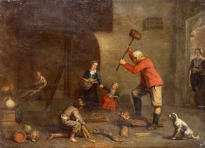 Yaşlı Adamın Odun Kestiği bir mutfak (tuval üzerine yağlı boya) by Master of Beguins