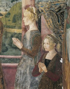 İtalya, Piedmont Bölgesi, Alessandria Eyaleti, Serralunga di Crea, Sacro Monte di Crea, Santa Maria Assunta Kutsal Alanı, Antakyalı Aziz Margaret Şapeli, Paleologo ve Bernarda di Bosse'yi tasvir eden fresk