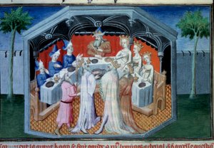 Genç Marco Polo'nun (1254-1324) babası ve amcası Nicolo ve Matteo Polo kardeşler, Kubilay Han'ın (Moğol Yuan hanedanının (1215-1294) ilk imparatoru, 1271'de Moğol imparatoru Kubilay Han) mahkemesine kabul edildiler”. Minyatür “” The