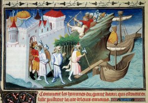 Japonlara karşı Büyük Han ya da “Adayı kuşatan Büyük Han'ın adamları Şehri düşmanlarından nasıl aldılar.” Minyatür, Marco Polo'nun (1254-1324) “” Harikalar Kitabı””ndan alınmıştır. Master of Egerton tarafından aydınlatıldı