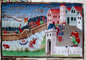 Savaş sahnesi ve dekapitasyon. Giovanni Boccaccio'nun (Jean Boccace) "Decameron" adlı romanının illüstrasyonu by Master of Jean Mansel