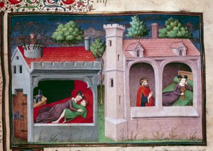 Gallant sahnesi: konuşan iki çift. İtalyan yazar Giovanni Boccaccio dit Jean Boccace