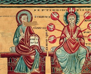 Meryem'in Kutsal Ruh'un armağanlarını alması, detay (ahşapta tempera) by Master of Lluca