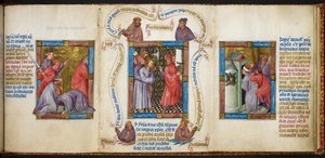 'Peygamberlerin Öldürülmesi', 'Mesih'in Pilatus'tan Önce' ve 'Daniel'in Hapsedilmesi'ni tasvir eden üç sahne, 'Biblia Pauperum'dan bir örnek by Master of Margaret of Cleves