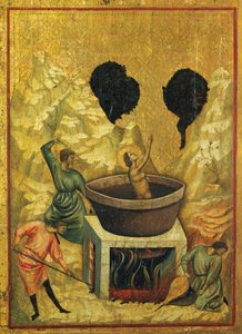 Aziz Cecilia kaynar su banyosunda, Aziz Cecilia'nın Hikayelerini gösteren altar parçasının detayı, yaklaşık 1304, Aziz Cecilia'nın Efendisi (14. yüzyılın başlarında aktif), panel üzerinde tempera ve damgalı altın varak, 85x181 cm by Master of Saint Cecilia