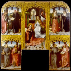 Aziz Lazarus ve Antony Abbot, İskenderiyeli Catherine ve Chiara, Padua Anthony ve Vaftizci Yahya, Francis ve Jerome ile Müjde by Master of Saint John the Evanglist