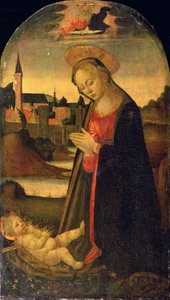 Çocuğa Tapan Madonna, Ötedeki Nehirde Bir Kasaba, c.1478 (panelde yağlı boya) by Master of San Miniato