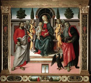 Aziz John ve Aziz Bartholomew ile çocuklu Bakire Santo Spirito (15. yüzyıl) ustası tarafından boyama Floransa, Santo Spirito Kilisesi, İtalya by Master of Santo Spirito