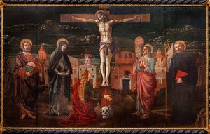 Çarmıha gerilmiş İsa, Aziz Petrus, Meryem, Mecdelli Meryem, Havari Aziz John ve Aziz Benedict arasında by Master of St. Peter in Vicenza