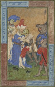 Suikast sahnesi Bayan B.11.7, c.1420 (parşömen üzerine tempera, gümüş ve altın boya) by Master of Trinity College