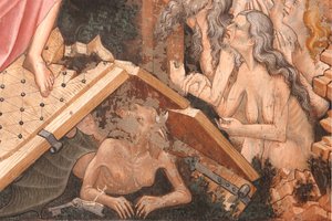 "Diriliş" ve "Arafta İniş", "Arafta İniş"in Detayı: Cehennemin kapıları ve yerdeki Şeytan figürü, c.1420 (fresk) by Master of Vignola