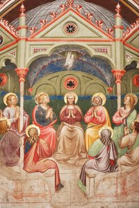 "Pentecost", Dua eden azizler, Meryem Ana ve güvercin ile ilgili detay, c.1420 (fresk)