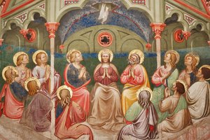 "Pentecost", Dua eden azizler, Meryem Ana ve güvercin ile ilgili detay, c.1420 (fresk)