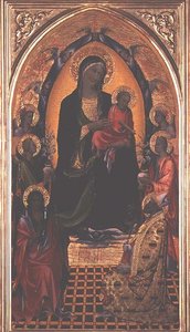 Vaftizci Yahya ve Myralı Aziz Nikolaos ile Madonna ve Çocuk (panelde mizaç) by Master of the Bambino Vispo