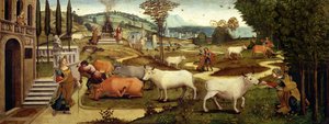 Girit Kralı Minos'un karısı Pasiphae'nin Tutkuları, Theseus'un Öyküsünden (panelde yağlı boya) by Master of the Campana Cassoni