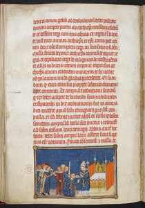 Pamuk Tiberius B. VIII f.65v Kral Charles V, Rheims Başpiskoposu komünyon gofretini ağzına yerleştirirken diz çökmüş, 