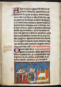 Cotton Tiberius B. VIII f.69v Reims Başpiskoposu tacı kraliçenin başına yerleştiriyor ve baronlar tacını koruyor, 