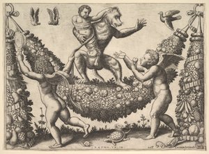Önünde iki kanatlı bir çelenk üzerinde bağlı bir putto tutan bir maymun..., 1530-60. by Master of the Die