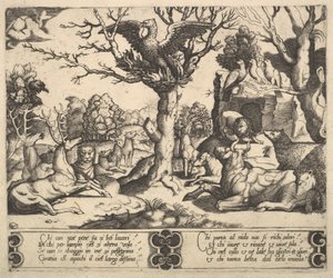 Bir ağacın tepesinde bir anka kuşu oturuyordu, kanatları açıktı, aşağıda çeşitli hayvanlar vardı, 1530-60.