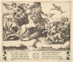 Apollon atlı arabasında solda, üstünde Jüpiter