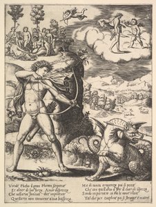 Solda duran Apollo okla bir pitonu vuruyor, yukarıda solda ilham perisi..., 1530-60.