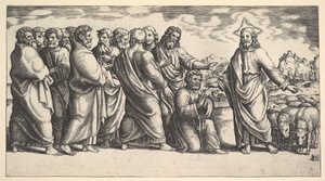 Solda duran İsa bir koyun sürüsüne işaret ediyor, önünde diz çöküyor Aziz Petrus hol..., 1530-60.