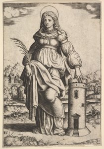 Aziz Barbara ayakta, avuç içi sağ elinde, sol elini bir kuleye dayamış, 1530-60.