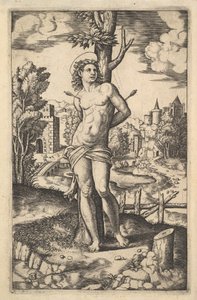 Aziz Sebastian, 1530-60, oklarla delinmiş bir ağaca bağlı.