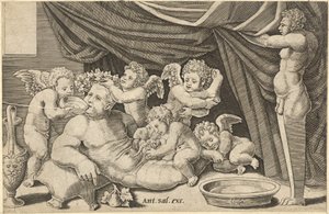 Roma İhtişamı Aynası: Priapus holding ile Putti ile çevrili Bacchus ..., 16. yüzyıl.