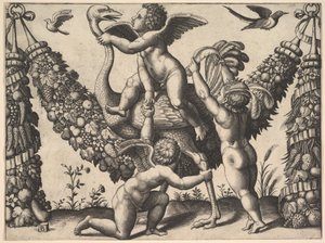 Büyük bir çelenk önünde üç putti, ortadaki bir devekuşu sürüyor, ..., ca. 1530-40. by Master of the Die