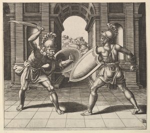 Bir kemerin önünde dövüşen iki gladyatör, 1530-60.