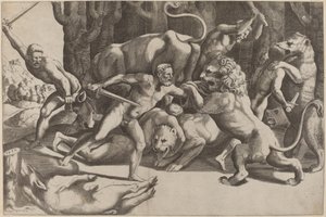 Canavarlarla Dövüşen Beş Adam by Master of the Die after Giulio Romano