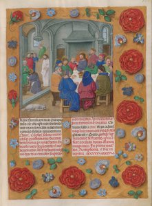 Temporale (1. kısım: Advent'in İlk Pazar gününden Kutsal Cumartesi gününe kadar). Son Akşam Yemeği (Maundy Perşembe, Matins). Çiçek dekorasyonu ile sınır. İki metin sütunu.