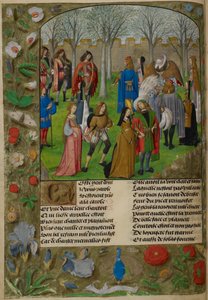 Bahçedeki Carolle. Aşık, 'Le Roman de la Rose'dan Sir Mirth ve Lady Gladness liderliğindeki bir grup çiftle dans etmeye davet edilir.