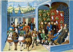 Fransa Kralı Charles VI, İngiliz elçilerini kabul etti. Jean Froissarts Chroniques'ten, daha önce