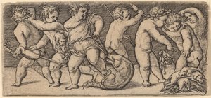 Bir Orospu ve Üç Genç Köpekle Oynayan Çocuklar by Master of the Horse Heads