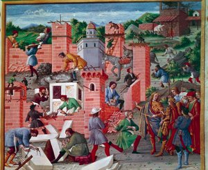 Roma şehrinin inşaatı. İkizler Romulus ve Remus siteyi ziyaret eder (işin teftişi ve ön çalışma). İşçiler görevde aktif: Macons, Taş Terziler, taşıyıcılar, mermer ve çimento (çimento hazırlama) iş başında. “” Romuleon