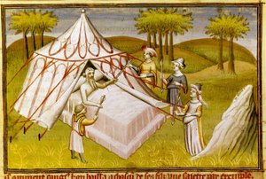 Moğol lideri Cengiz Han ölüm döşeğinde oğullarına son tavsiyelerini verirken, c.1410 (minyatür)