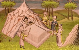 Moğol lideri Cengiz Han ölüm döşeğinde oğullarına son tavsiyelerini verirken, c.1410 (minyatür)