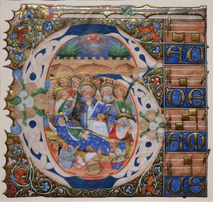 Başlangıcı Bakirenin Ölümü ile tarihlendirilmiştir. Murano Kademeli Ustası. Yaklaşık 1420 (parşömen)