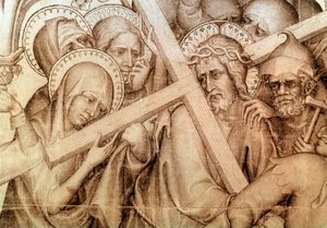Narbonne'un parementi: Çarmıhını taşıyan İsa (ipek üzerine grisaille) by Master of the Parement of Narbonne