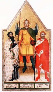St. Bartholomew ve St. Julian ile Başmelek St. Michael (panelde tempera) by Master of the Rinuccini Chapel