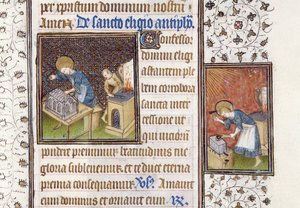 Ms 62 f.215r St. Eligius bir Tapınak yapıyor; Bir Saatler Kitabından Bir Örsteki Aziz Eligius