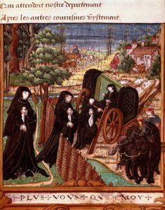 Navarre Kraliçesi Margarita Angoulema'nın (1492-1549) refakatçisi tarafından yürüyüş için bir vagona binerken temsili””” Angoulema Margaret'in “” La coche ou Debat d'Amour””” adlı el yazmasından alınmış sayfa Ma tarafından aydınlatılmış