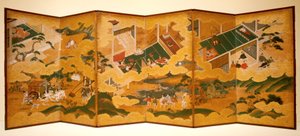Tales Of Genji, c.1650 (kağıt üzerine mürekkep, renkli ve altın varak, altı katlı ekran) by Matabei Iwasa