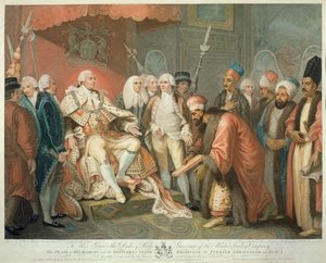 Majesteleri ve Devlet Memurları Türk Büyükelçisini ve Takımını Karşılarken, Daniel Orme (1767-s.1832), yay. Edward Orme, 1797 (nokta gravürü) by Mather Brown